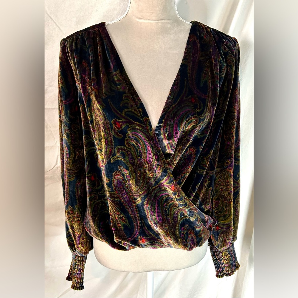Anthropologie Multicolored Paisley Velvet Faux Wrap Top, Size S